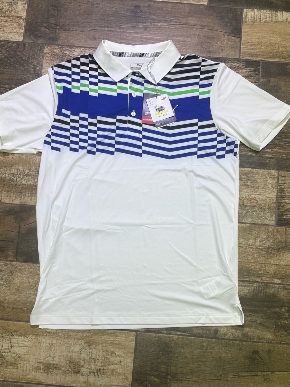 Puma White Polo with Blue and Green Chest Graphic $60 MSRP